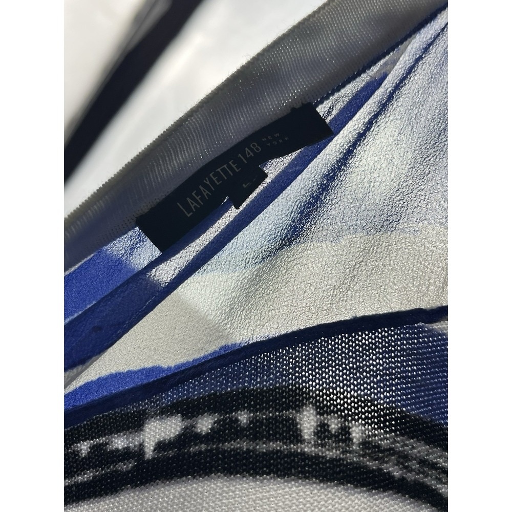 Lafayette 148‎ Abstract Stripe Silk Panel Knit Cardigan Sweater Blue White Large - Picture 5 of 12